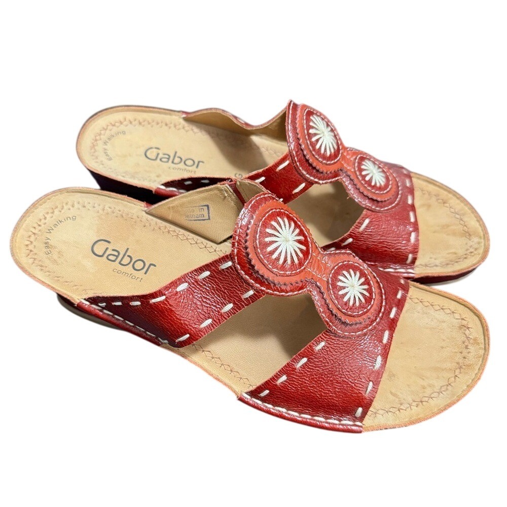 Gabor‎ Sandals, Red leather wedges with stitched embellishments, Size 6.5, EUC